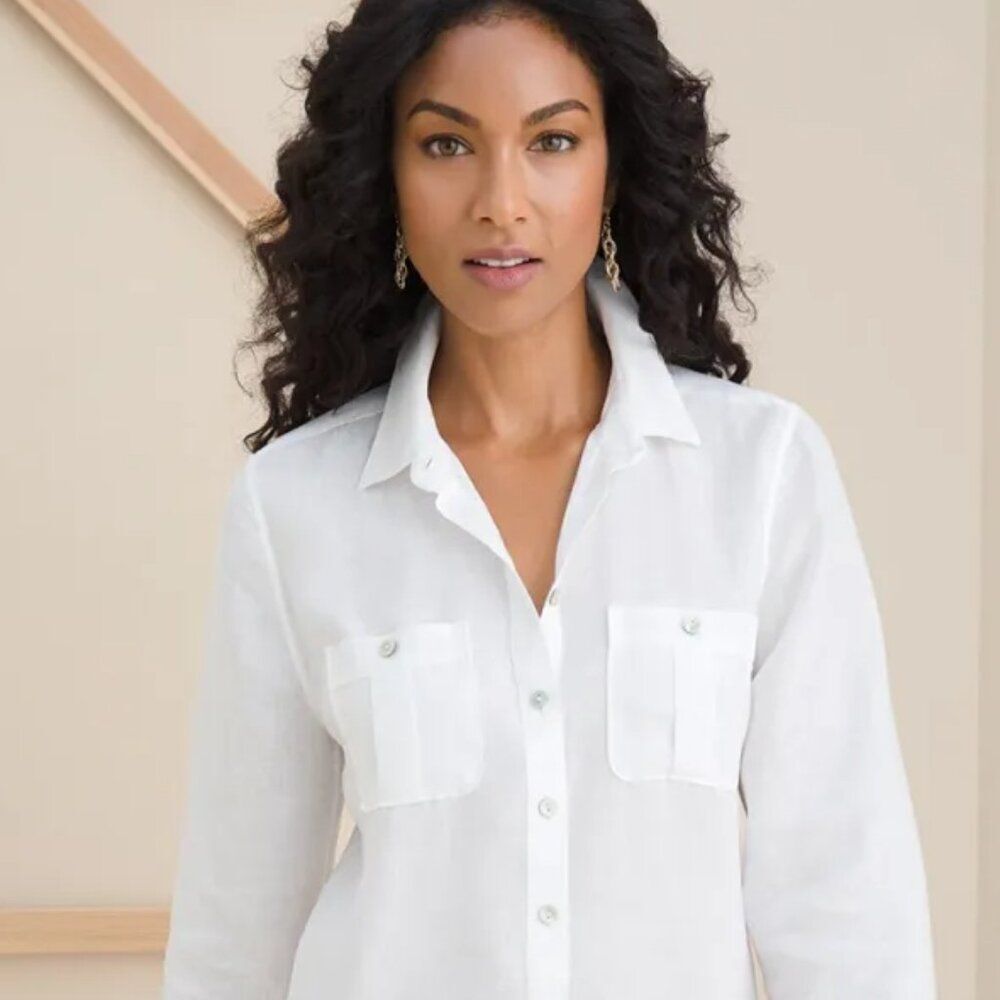 Chico's 3 Petite Non- Iron White Linen Button-Up Blouse US Large Minimal Chic